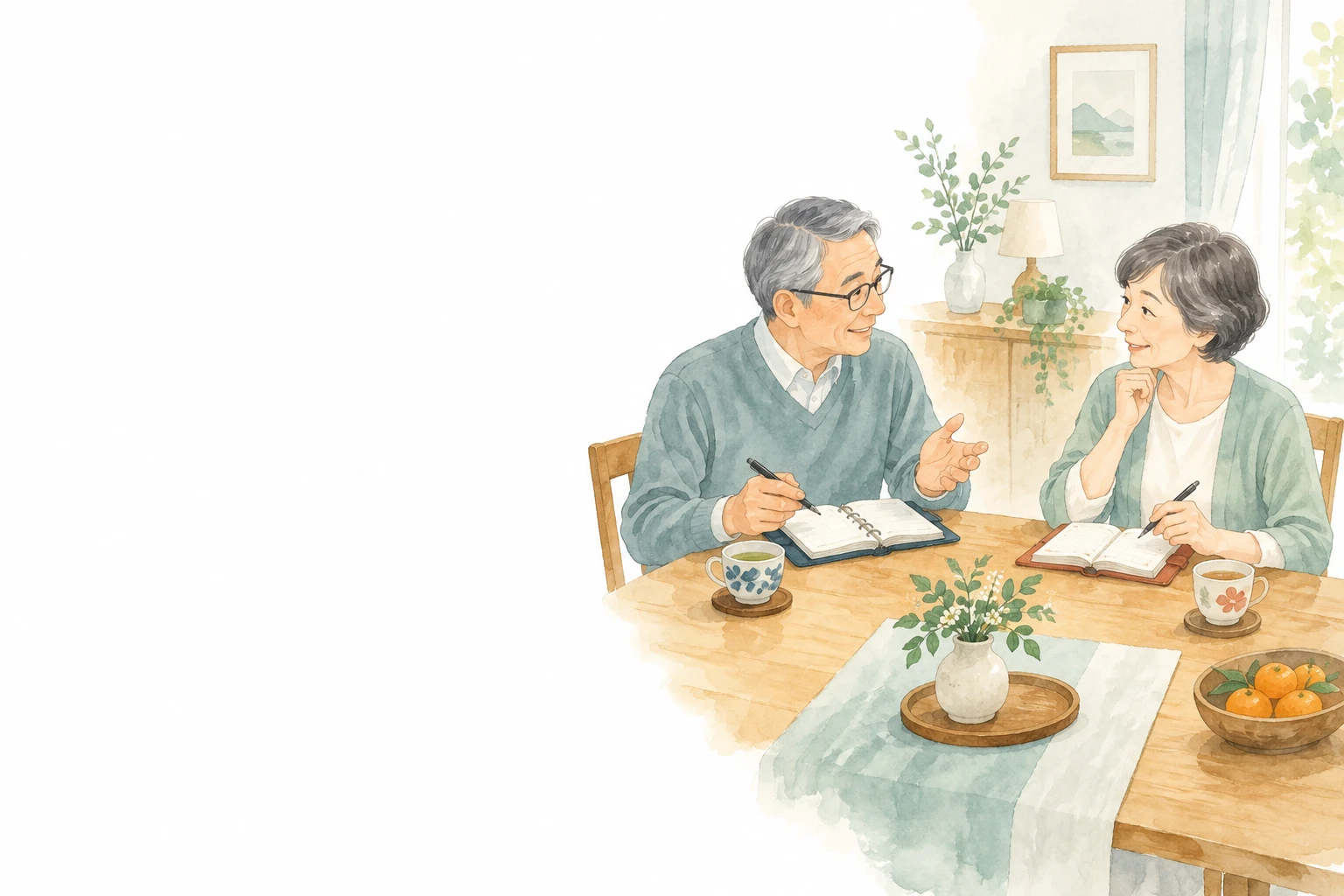 茶器のあるテーブルを囲んで話す夫婦。