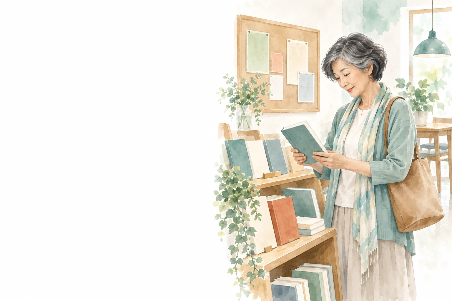 図書館の本棚で本を手に取り、関心のある内容を探す女性。