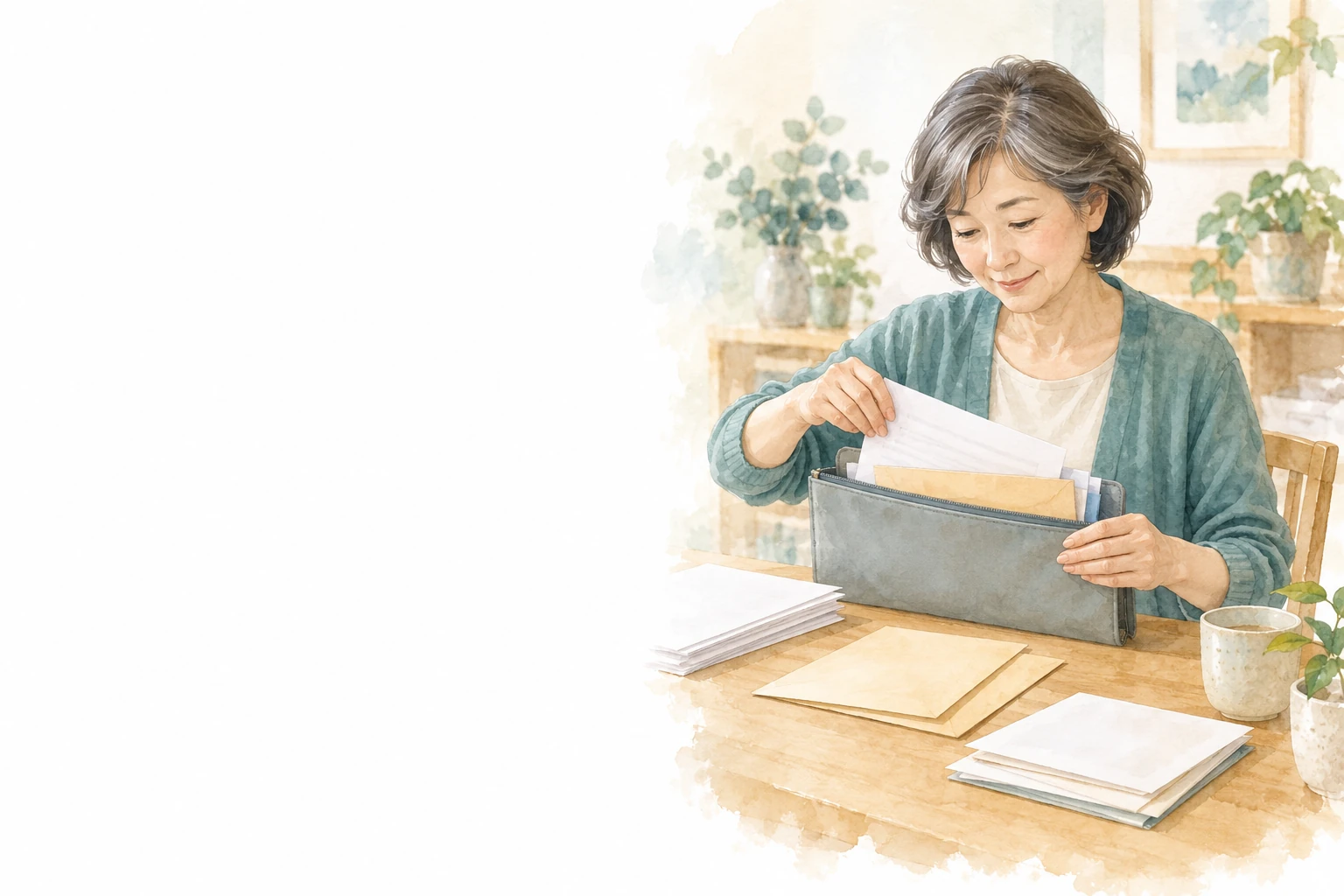 机で書類をまとめ、灰色の書類入れにしまう女性。