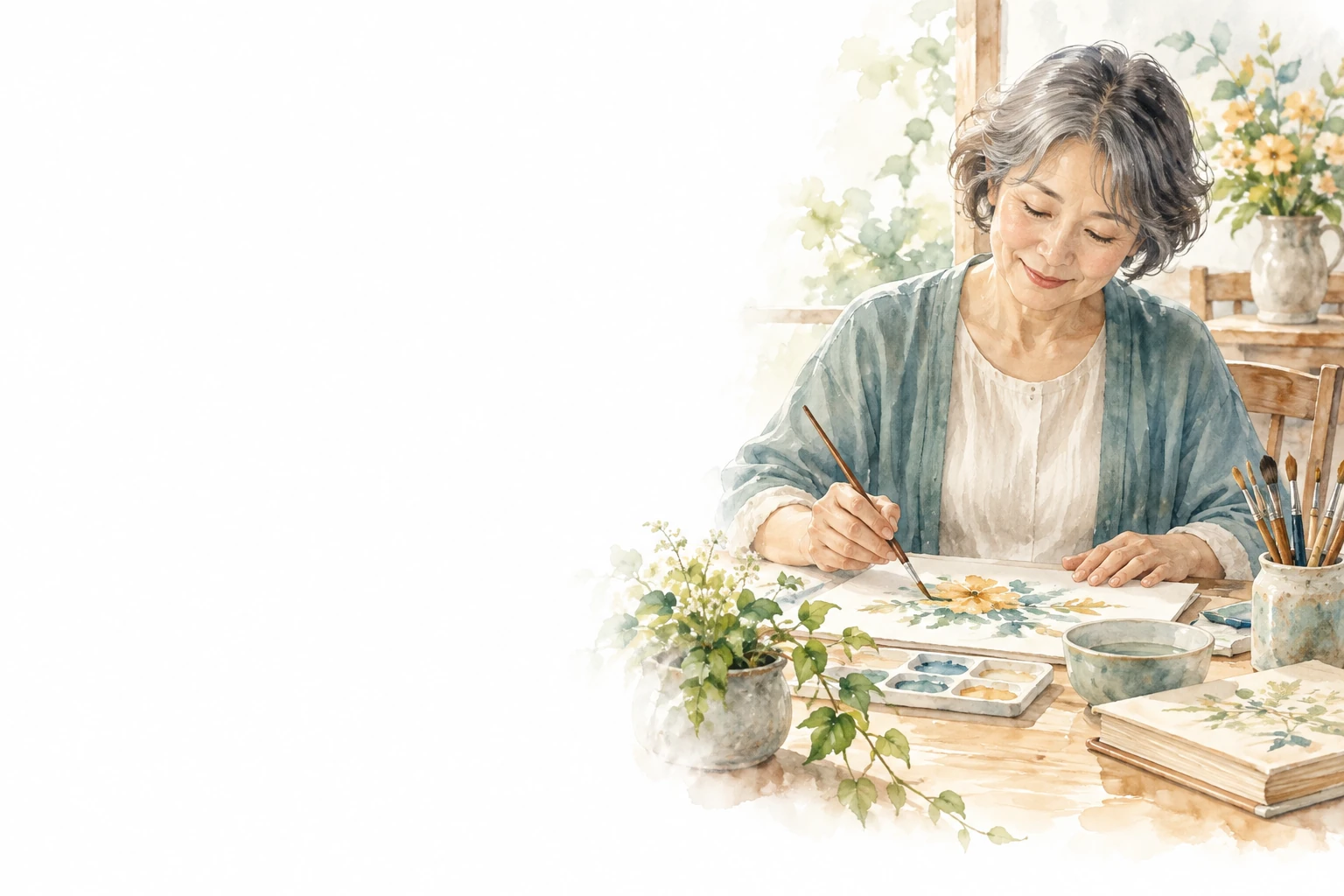 筆と絵の具を使い、机で花の水彩画を描く女性。