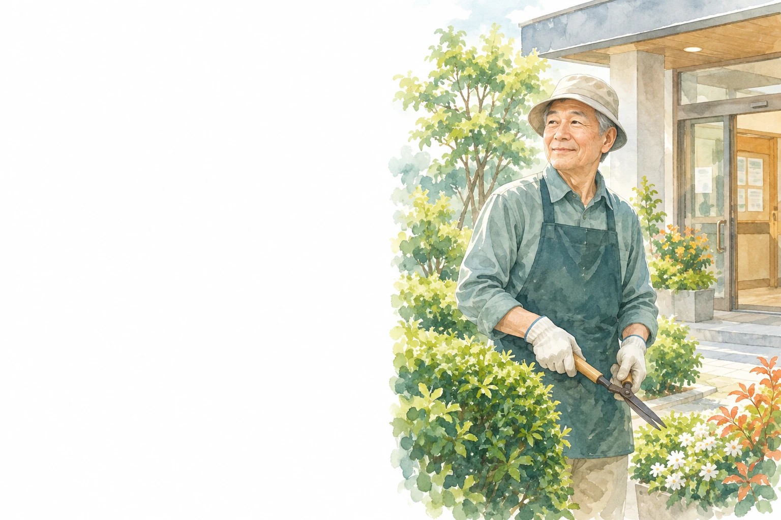 帽子と手袋を着けた男性が、建物の前で植木を剪定している。