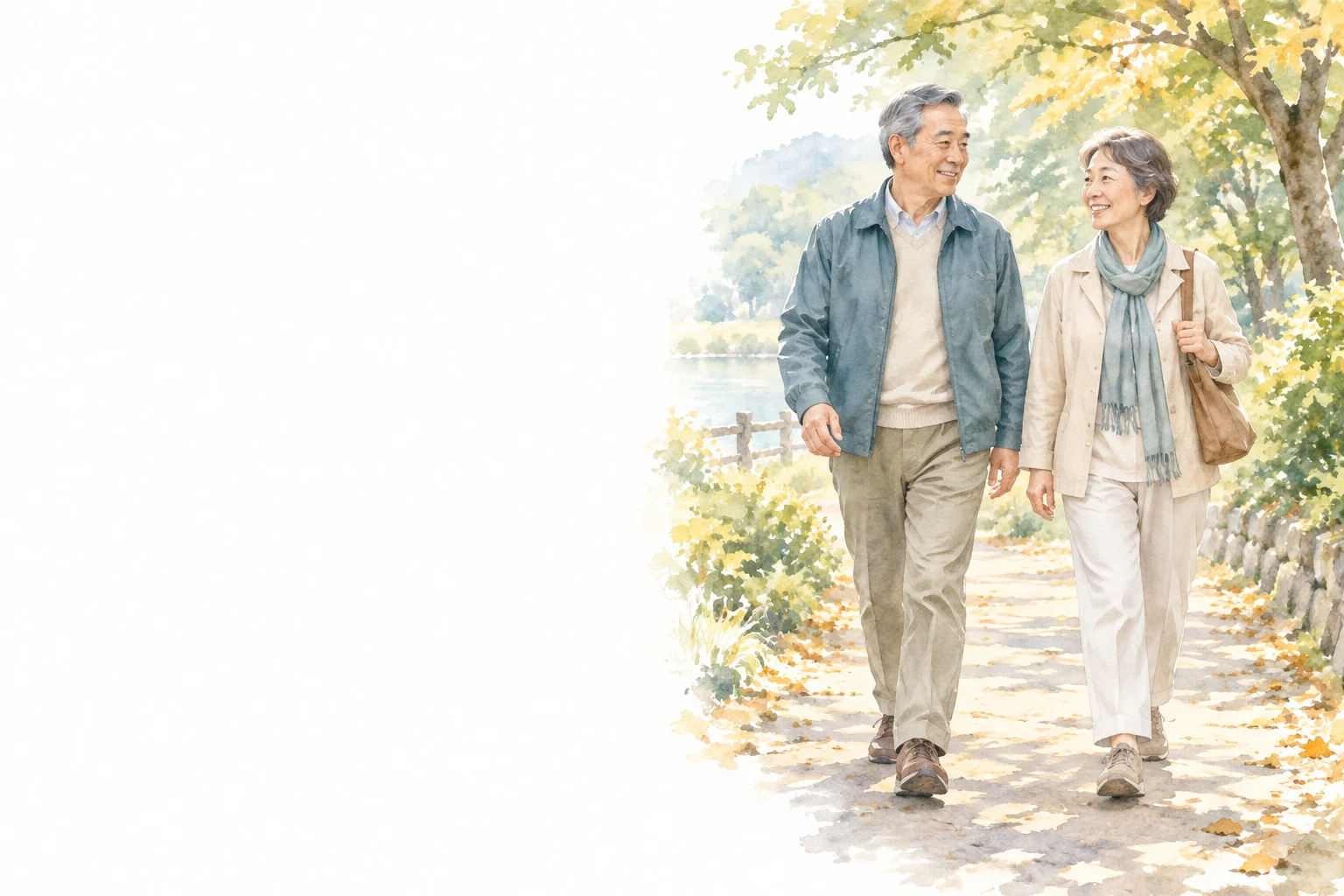 木々のある平らな公園の道を、並んで歩く男女。